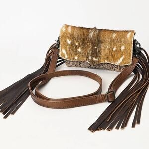 Axis Hide Fringe Handtooled Leather Crossbody Western Cowgirl Rodeo
